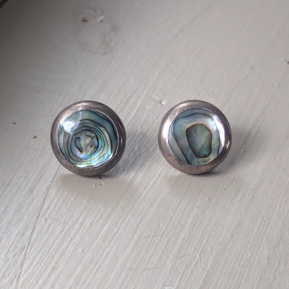 Vintage Abalone Sterling Silver Earrings Stamp 925 Mexico Shell Boho Round Stud - Picture 2 of 7
